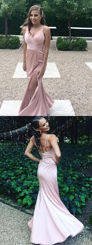 Fashionable Women's Clothes Feminine Flow Mermaid V Neck Backless Slit Blush Satin Prom/Evening Dress  cg8355