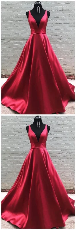 Women's Timeless Attire Luxe Layering Simple V Neck Burgundy Satin Long Prom Dress   cg11220