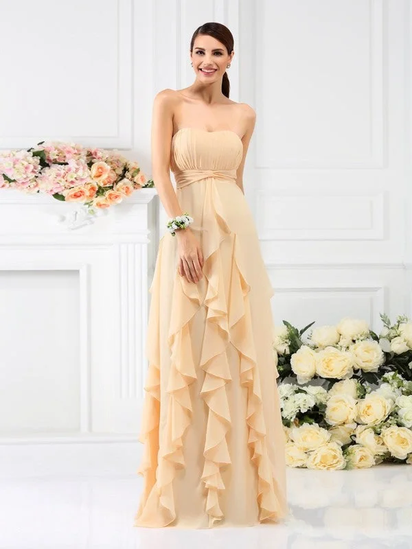 Affordable Women's Attire Grab Romantic Date - Night Styles Now A-Line/Princess Strapless Pleats Sleeveless Long Chiffon Bridesmaid Dresses