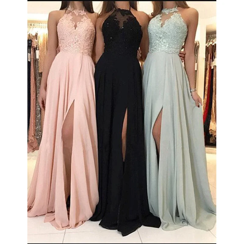 Women's Vintage-Inspired Outfit Boho Chic Chic Halter Lace Appliques Long Prom Dress with Slits Formal Party Evening Dresses Special Occasion Gown