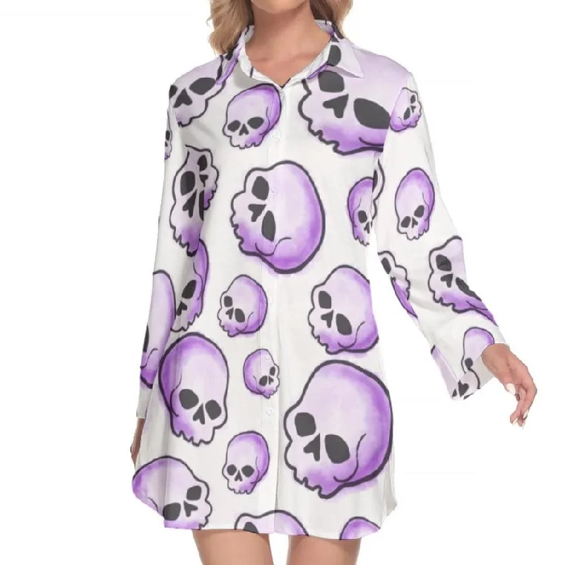 Women's Clothes For Special Occasions Art Deco Geometric Pattern Look Women's Purple Skulls Lapel Shirt Dress With Long Sleeve