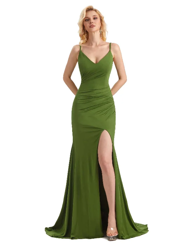 Women's Holiday Clothing Y2K Nostalgic Fashion Look Sexy Mermaid Side Slit Stretchy Jersey Long Formal Bridesmaid Dresses Online