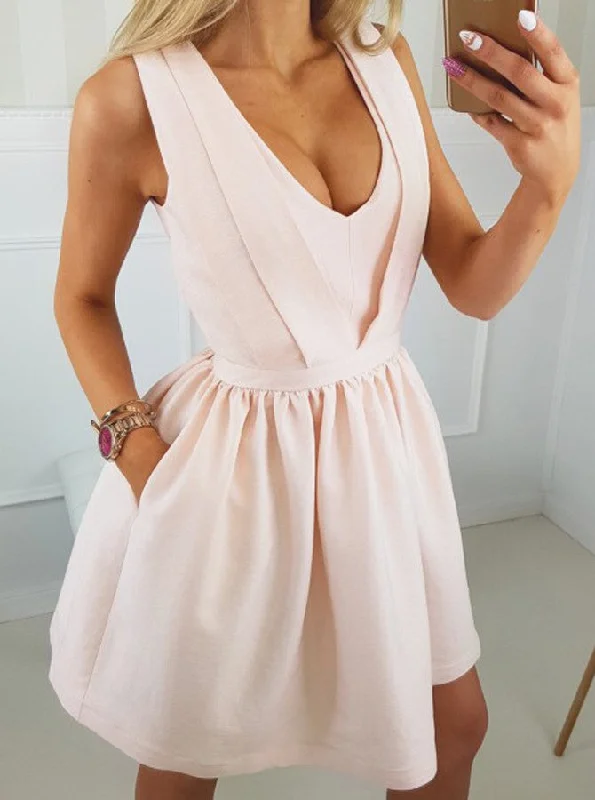 Stylish Outerwear Clothing For Women Limited - Edition Drops Pearl Pink A-Line V-Neck Cut Out Open Back Satin Short Prom Dress With Pockets OC131