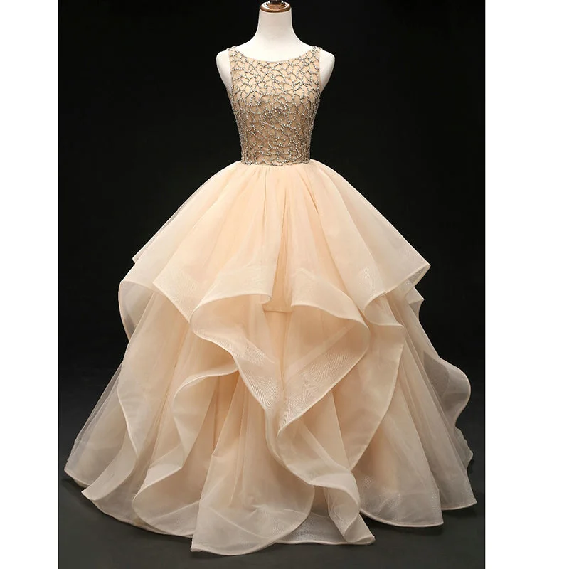 Chic Women's Attire Luxury Style Champagne Crystal Puffy Ball gowns Beaded Prom Dresses Quinceanera Dress Debutante Gown