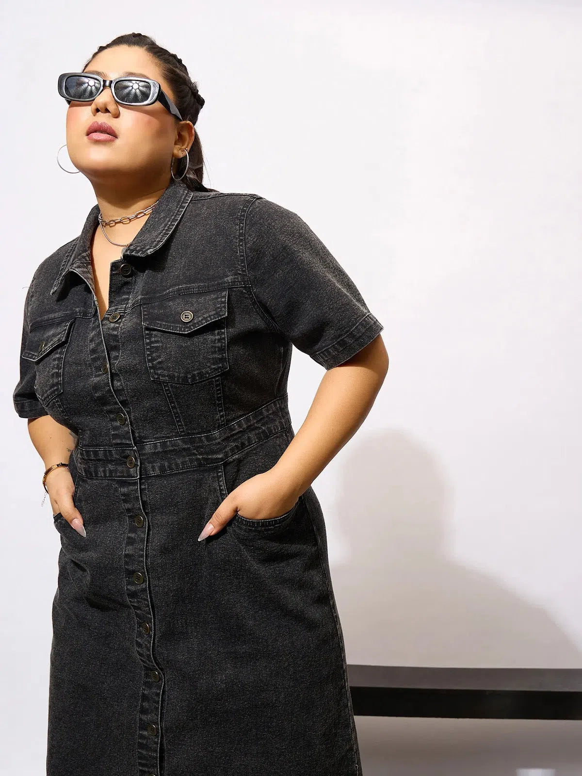 Women's Cozy Clothes Minimalist Office - Ready Style Women Black Denim Acid Wash Front Button Shirt Dress