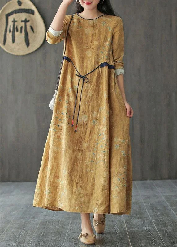 Women's Trendy Outfit Elegant Details DIY Yellow O-Neck Print Tie Waist Long Sleeve Fall Dress