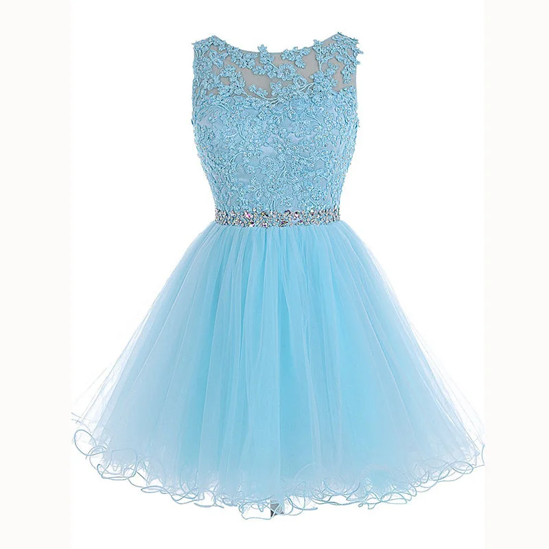 Affordable Women's Apparel Grab Romantic Date - Night Styles Now Baby Blue Lace Puffy Short Party Dress Graduation Junior Prom Cocktail Gown