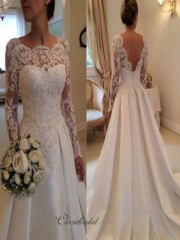 Women's Formal Clothes Elegant Ensemble Long Sleeves Lace Wedding Dresses, A-line Satin Wedding Dresses