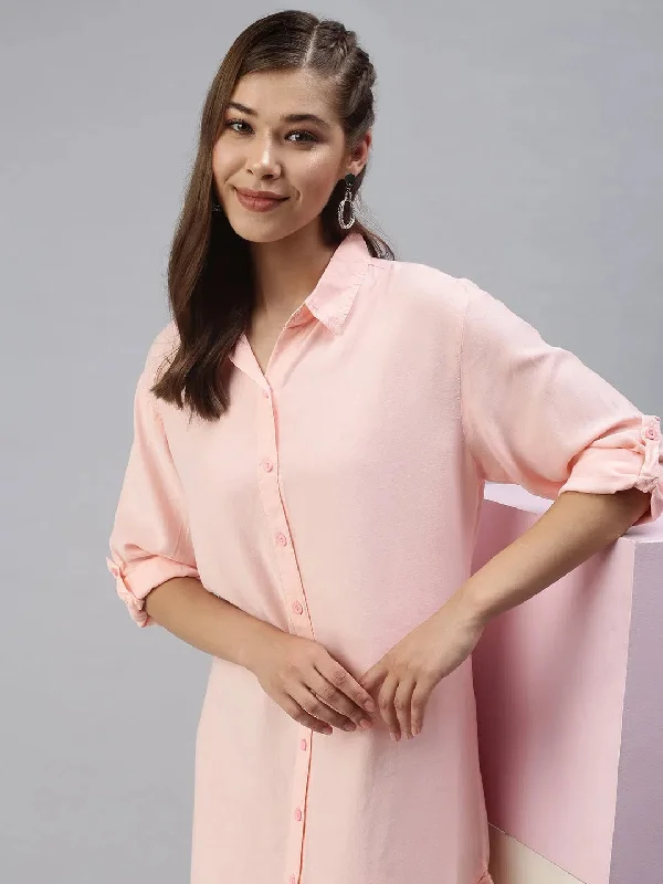 Women's Occasion Wear Apparel Flowy Fabric Women's Pink Solid Shirt Dress-AE-444584-Peach