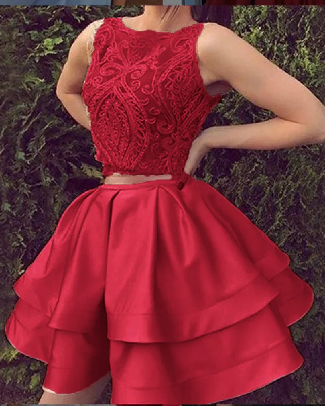 Formal Garments For Women Seasonal Trend Lovely Wine Red Lace 2 Pieces Crop Top Short Lace Homecoming Dresses Party Gown 2020