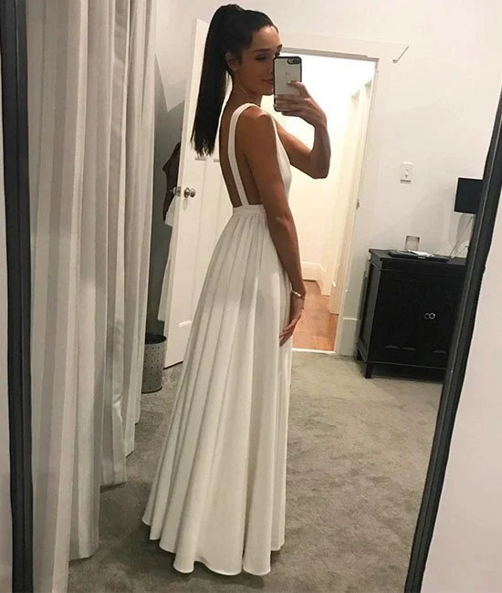 Women's Outfit Sleek Design Sexy Ivory Low V Neck A Line Floor Length Formal prom Gown, Evening Dress With Open Back    cg19746