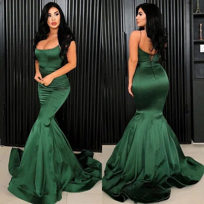 Women's Seasonal Attire Bold Silhouette Simple Long Mermaid Satin Evening Dress Spaghetti Straps Boat Neckline Sweep Train Formal Prom Dresses   cg11424