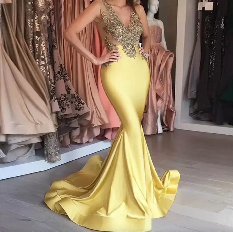 Women's Casual Wear Outfit Art Deco Geometric Pattern Look Fashion Lemon Yellow Evening Dresses Deep V-neck Golden Sequins Sleeveless Sexy Prom Stunning Sweep Trian Mermaid Party robe