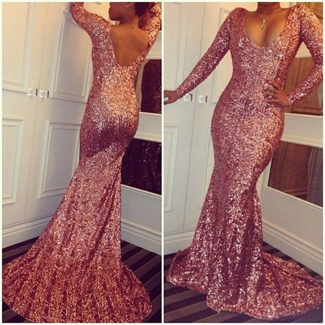 Women's Classic Outfit Grab Romantic Date - Night Styles Now Long Sleeves Sequins Evening Dresses Sexy Mermaid Women Formal Prom Gown