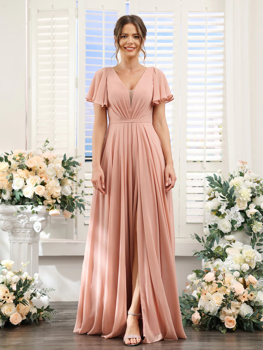 Timeless Women's Garments Rustic Countryside Charm Look A-Line Deep V-Neck Short Sleeves Split Side Chiffon Bridesmaid Dresses