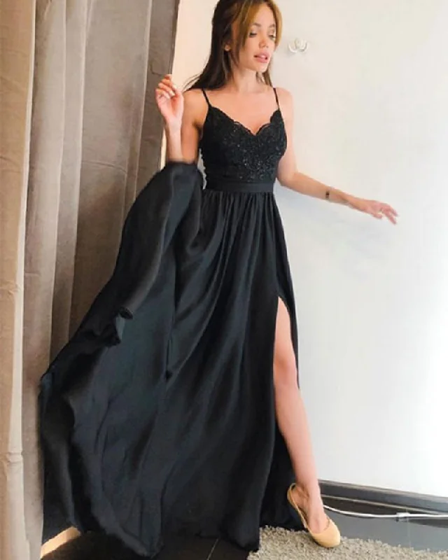 Women's Occasion Wear Clothes Elegant Contour Black Lace Prom Gown Long Party Dresses with Straps PL3216