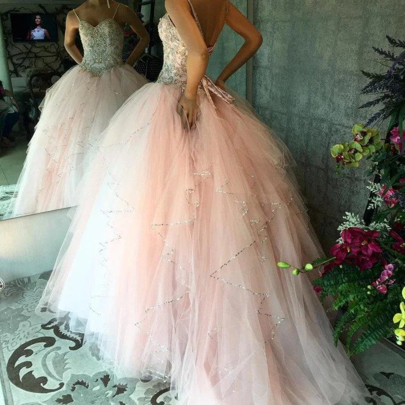 Women's Elegant Garments Graceful Movement Pink Ball Gown Quinceanera Dresses Spaghetti Straps with Beading Sweet 16 Prom Dresses