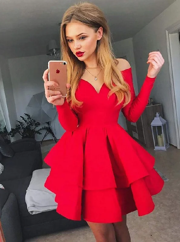 Fashionable Women's Clothing Feminine Soft - Hued Look Off the Shoulder V-neck Tiered Red Long Sleeves Satin Short Prom Dress OM255