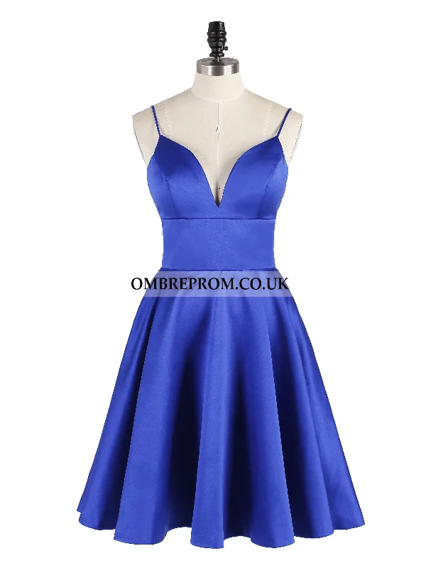 Women's Formal Event Clothing Today Only Royal Blue Spaghetti-straps V-neck Backless Satin Short Prom Dress OP165