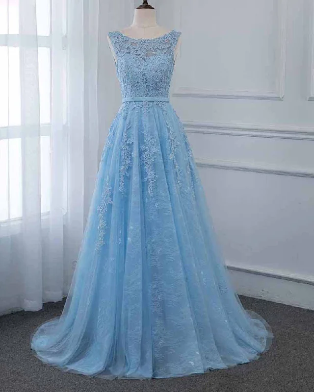 Stylish Women's Outfit Subtle Sophistication Scoop A Line Light Blue Tulle Lace Long Prom Formal Gown PL6845