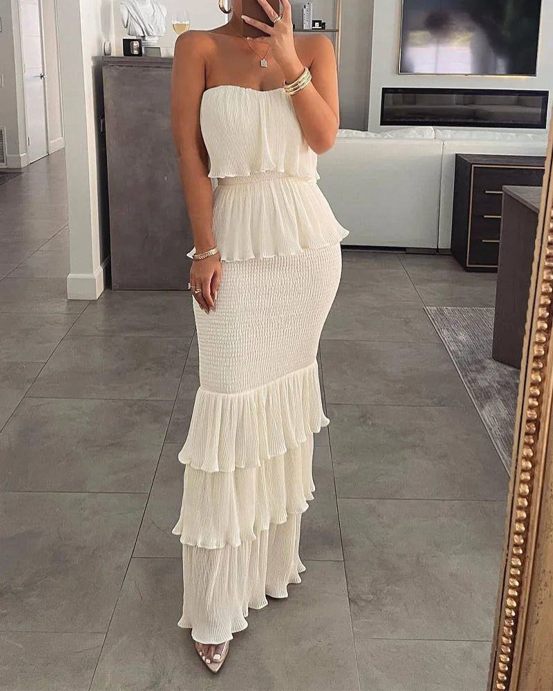 Women's Luxury Attire Dreamy Aesthetic GX8567 Fashion women's sleeveless tube ruffle long party dress multi-layer cake design sexy tight fit elegant evening dresses