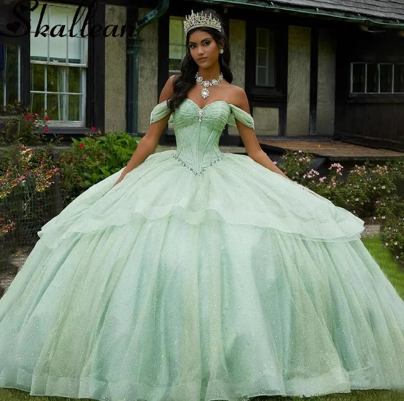 Women's Work Outfit Charming Silhouette Princess Corset Glitter Light Green Quinceanera Dress Ball Gown  Vestidos De 15 Años Plus Customized