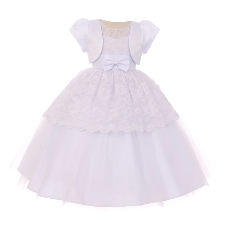 Women's Apparel Effortless Sophistication Little Girls White Satin Belt Bow Bolero Flower Girl Dress 2-6