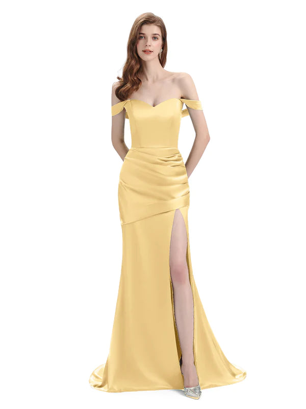 Women's Cozy Winter Attire Dreamy Aesthetic Sexy Soft Satin Side Slit Off Shoulder Floor-Length Mermaid Bridesmaid Dresses In Stock