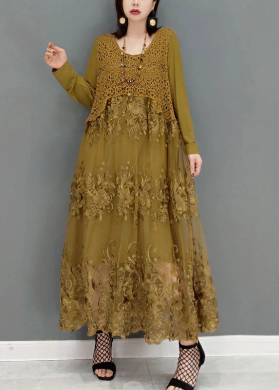 Women's Vacation Outfit Soft Textures Khaki Patchwork lace Long Dresses O-Neck Embroideried Long Sleeve