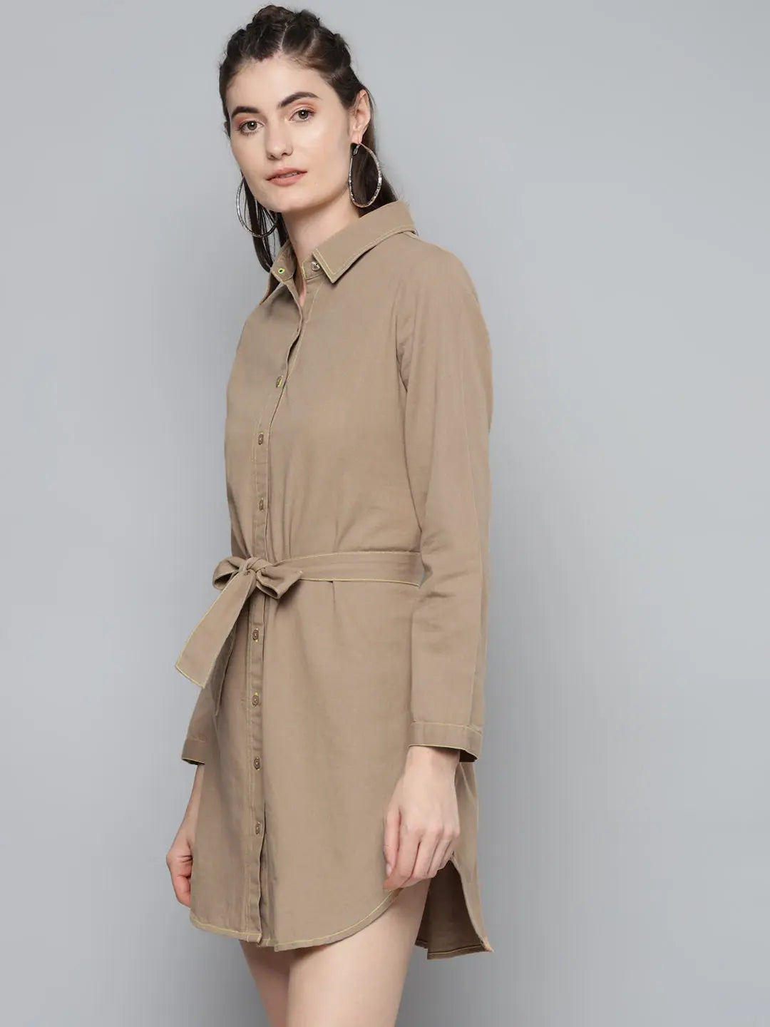 Casual Garments For Women Elevated Style Beige Belted Shirt Dress