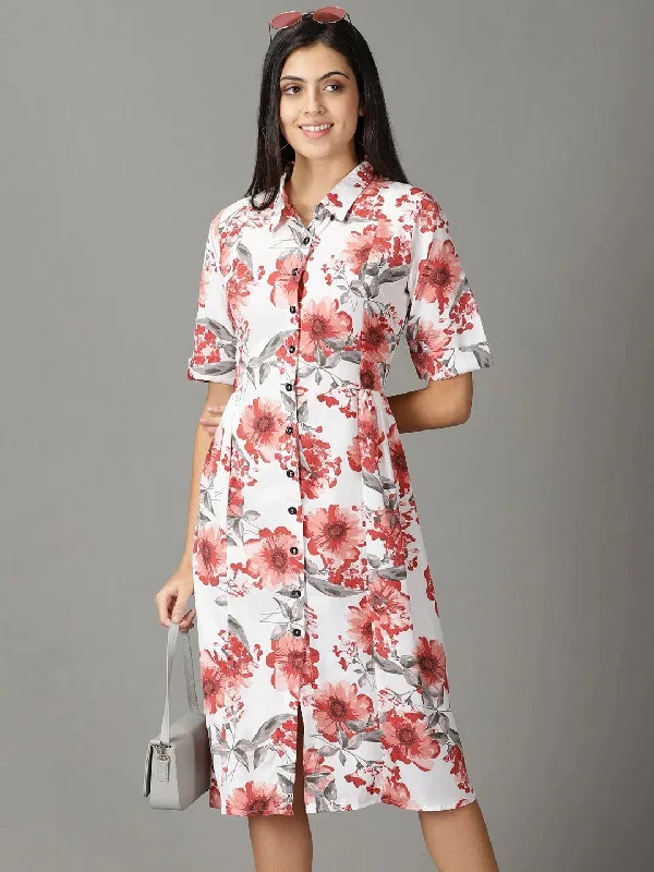 Women's Clothes And Apparel Graceful Cut Women's White Printed Shirt Dress-DF-1542-White