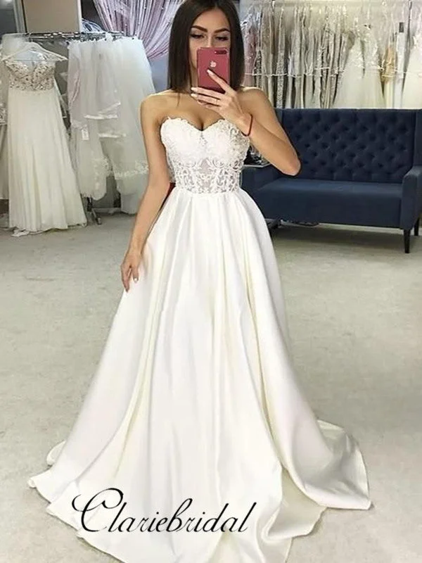 Women's Plus-Size Clothes Graceful Cut Strapless A-line Satin Bridal Wedding Dresses, Lace Modest Wedding Dresses