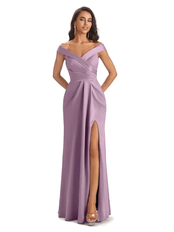 Women's Vacation Outfit Classic Charm Sexy Soft Side Slit Off Shoulder V-Neck Long Satin Bridesmaid Dresses In Stock