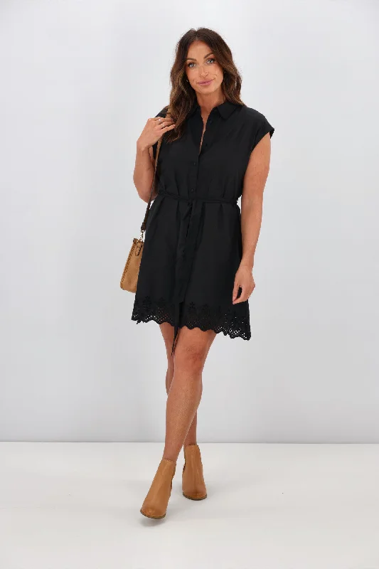 Women's Travel Apparel Refined Look ONLY Lou Embroidered Shirt Dress Black