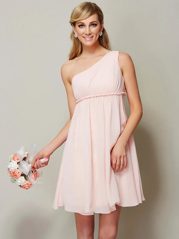 Women's Activewear Attire Weekend Special A-Line/Princess One-Shoulder Sleeveless Sash/Ribbon/Belt Short Chiffon Bridesmaid Dresses