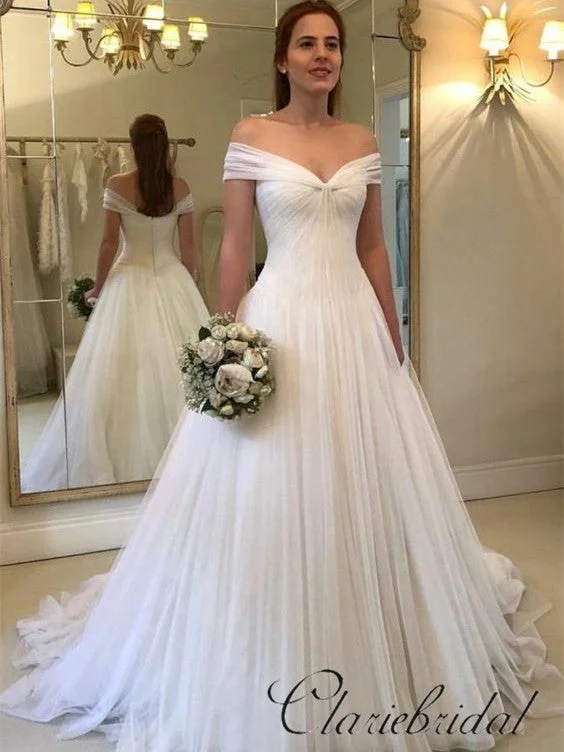 Women's Contemporary Apparel Feminine Elegant Off Shoulder A-line Simple Tulle Wedding Dresses, Long Wedding Dresses