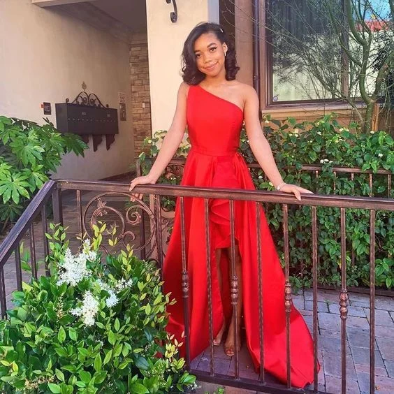 Modern Women's Apparel Statement Piece Red Prom Dress,Satin Prom Dress,One-Shoulder Prom Dresses,High/Low Prom Dress  cg9128