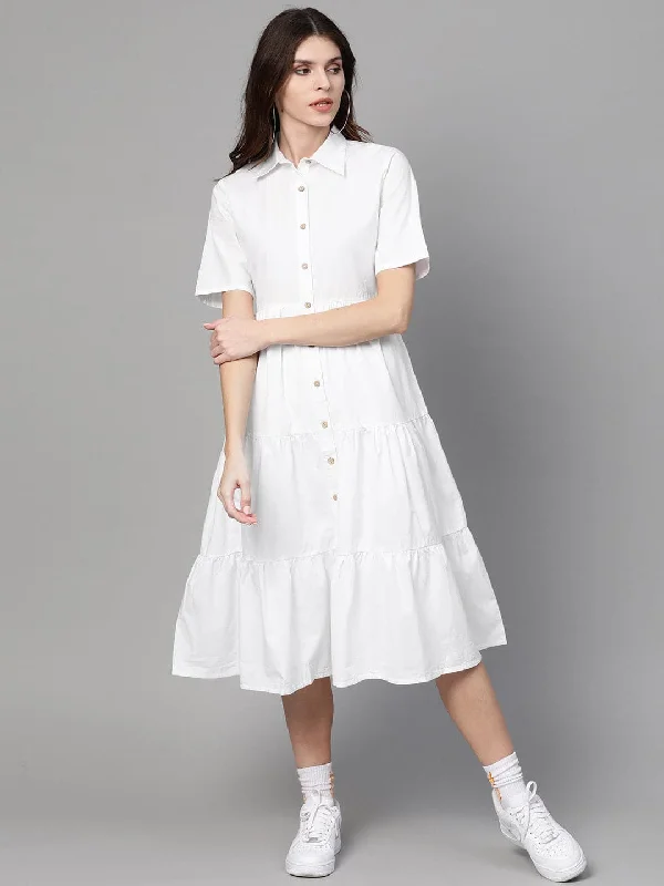 Casual Apparel For Women Boho Chic White Tiered Shirt Dress