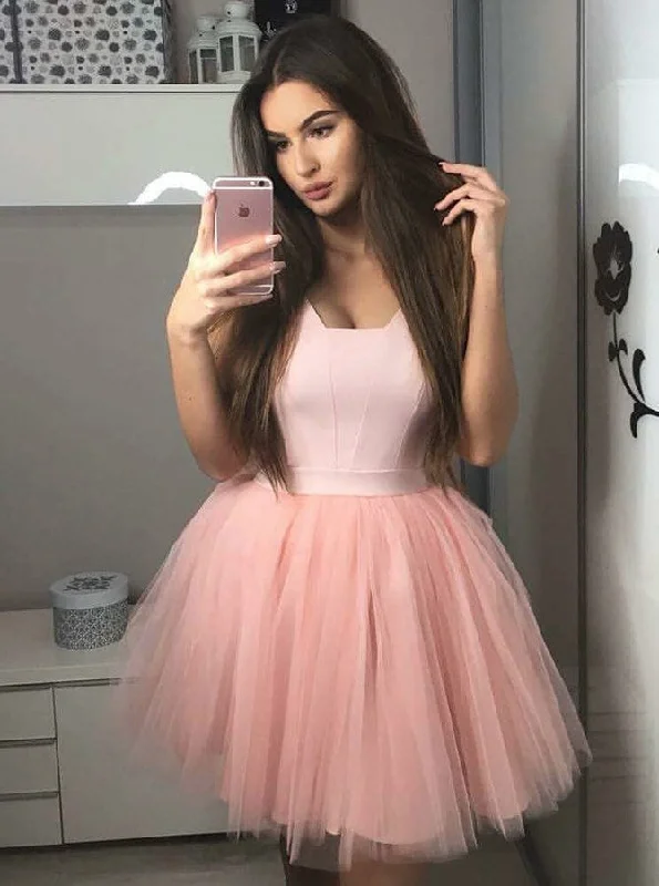 Comfortable Women's Clothing Romantic Date - Night Ensemble Blush Pink Satin Bodice Short Homecoming Dress With Tulle Pleated Skirt OM283