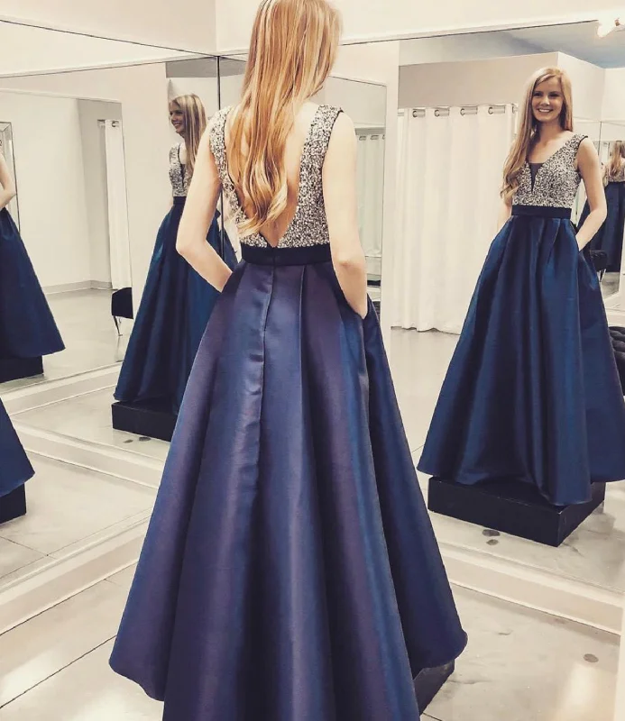 Women's Vintage-Inspired Outfit Chic Sophistication BLUE A LINE SATIN LONG PROM DRESS BLUE EVENING DRESS    cg19087