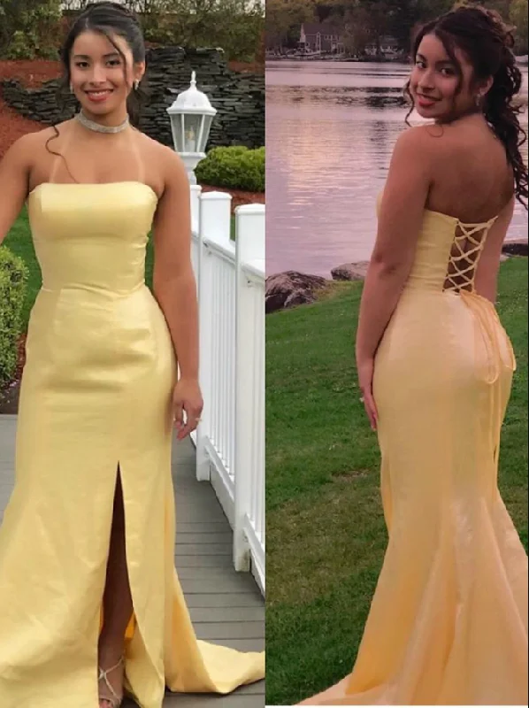 Casual Outfit For Women Classic Charm Yellow Mermaid Satin Strapless Prom Dress With Cross Back   cg12856