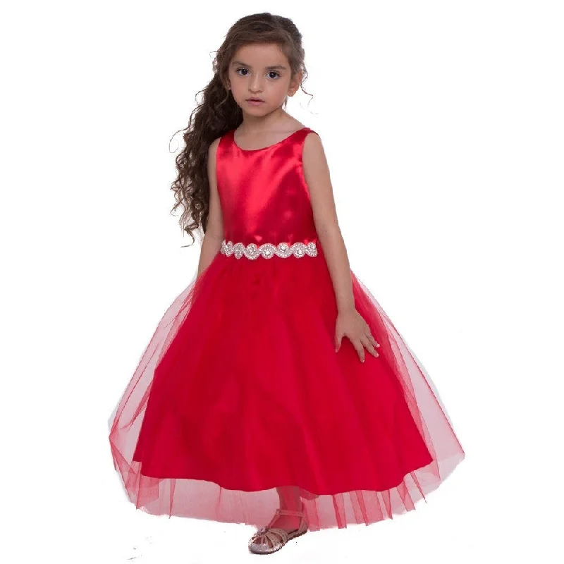 Women's High-Fashion Garments Refined Simplicity Little Girls Red Satin Tulle Rhinestone Flower Girl Dress 2-6