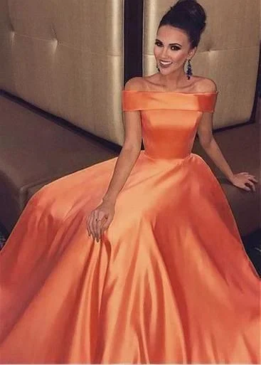 Women's Clothing Sets Chic Sophistication Satin Off-the-shoulder Orange Long A-line Evening prom Dress  cg7594