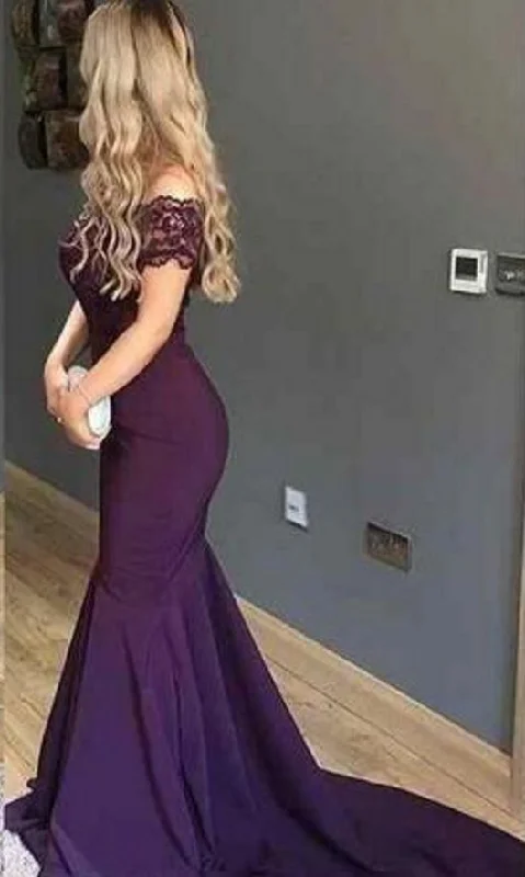 Women's Holiday Outfit Chic Urban Fashion Look Purple Country Prom Dress Scoop Lace Satin Mermaid Party Gown Formal Evening Party Dress   cg12649