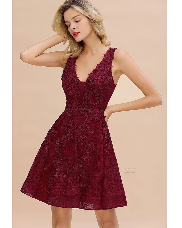 Women's Trendy Attire Elegant Ensemble Lovely V Neck Burgundy Short Prom Gown Lace Homecoming Dress 2021 SP11018