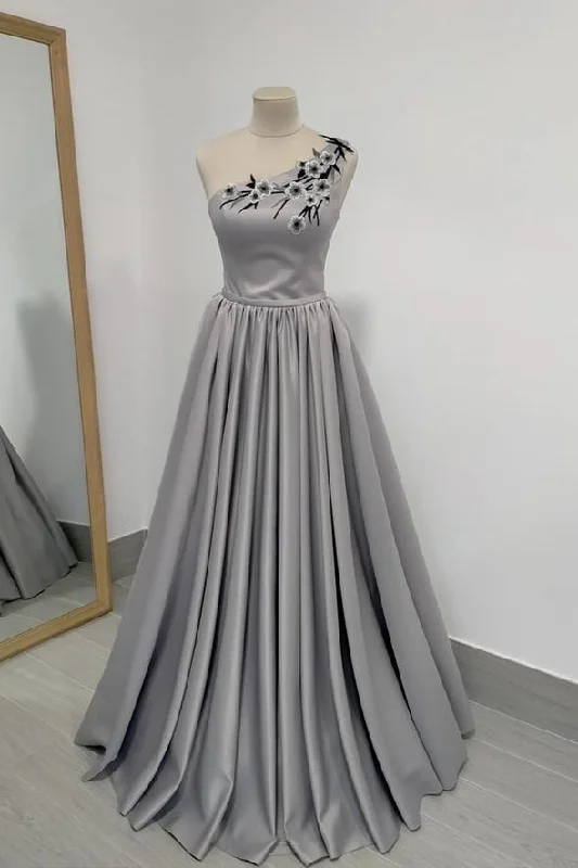 Formal Garments For Women Classic Charm Gray satin long A line prom dress one shouder evening dress    cg21464