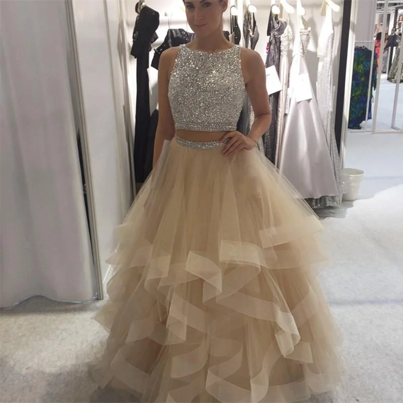 Women's Night-Out Outfit Classic Timeless Elegant Style Long Crystal Beaded Two Pieces Prom Dresses Ruffles Ball Gown Skirt 2022