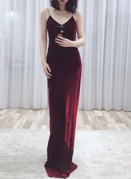 Women's Elegant Clothes Bold Patterns Wine Red Straps Sexy Velvet Evening Gown, Long Party prom Dresses     cg18866