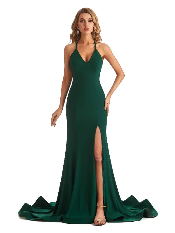 Comfortable Women's Apparel Weekend Special Sexy Mermaid Spaghetti Straps V-Neck Side Slit Stretchy Jersey Long Formal Bridesmaid Dresses