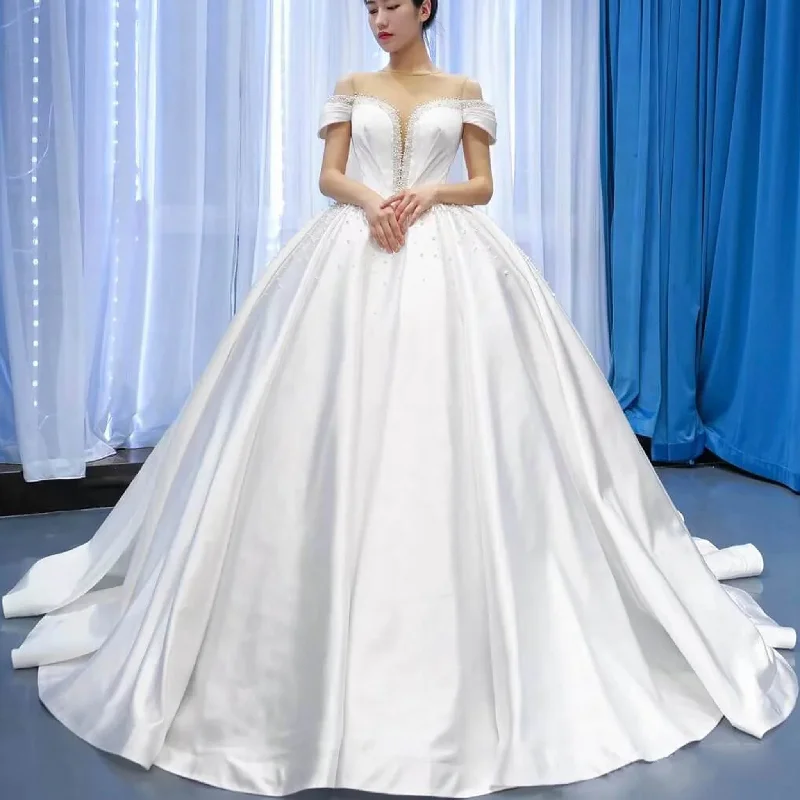 Women's Professional Outfit Graceful Movement Satin Ball Gown Off the Shoulder Wedding Dress with Pearls